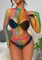 Women Cutout Fishnet Long Sleeve Rainbow Collection Sexy Lingerie Two Pieces