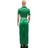 Women Lace-Up Crop Top and Pleated Wide-Leg Pants Two-Piece Set