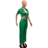 Women Lace-Up Crop Top and Pleated Wide-Leg Pants Two-Piece Set