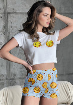 Women Summer Loungewear Round Neck Printed Short Sleeve Crop T-shirt and Shorts Two-piece Set