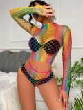 Women Cutout Fishnet Long Sleeve Rainbow Collection Sexy Lingerie Two Pieces