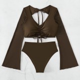 Two Pieces Plain High Waist Long Sleeve Swimsuit