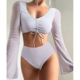 Two Pieces Plain High Waist Long Sleeve Swimsuit