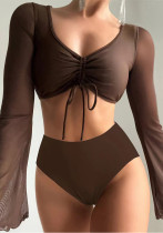 Two Pieces Plain High Waist Long Sleeve Swimsuit