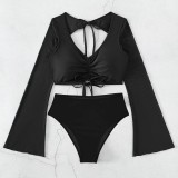 Two Pieces Plain High Waist Long Sleeve Swimsuit