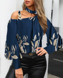 Fall Long Sleeve Printed Metal Button Halter Neck Women's Shirt