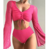 Two Pieces Plain High Waist Long Sleeve Swimsuit