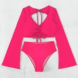 Two Pieces Plain High Waist Long Sleeve Swimsuit