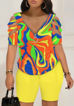 Women Contrasting Color Bandage Print Short Sleeve Top and Shorts Two-Piece Set Women Contrasting Color Bandage Print Short Sleeve Top and Shorts Two-Piece Set