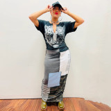 Women Printed Panel Short Sleeve Long Dress