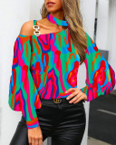 Fall Long Sleeve Printed Metal Button Halter Neck Women's Shirt