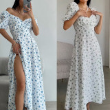Women's Clothing Sexy V-neck Puff Sleeves French Elegant Floral Dress
