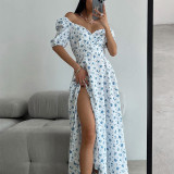 Women's Clothing Sexy V-neck Puff Sleeves French Elegant Floral Dress