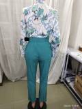 Women Long Sleeve Printed Shirt + Solid Pant Casual Two-Piece Set (No Jacket)