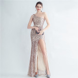 Sequin Slash Shoulder Beaded Mermaid Evening Gown