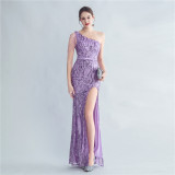 Sequin Slash Shoulder Beaded Mermaid Evening Gown