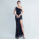 Sequin Slash Shoulder Beaded Mermaid Evening Gown