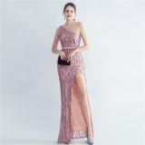 Sequin Slash Shoulder Beaded Mermaid Evening Gown