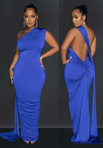 Women's Fashion Solid Color Low Back Pleated Irregular Maxi Dress For Women