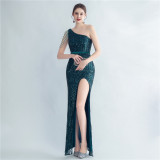 Sequin Slash Shoulder Beaded Mermaid Evening Gown