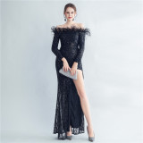 Feather Sequins Off Shoulder Long Sleeve Mermaid Evening Dress