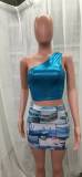 Outdoor Wear Women's Multicolor Shiny One Shoulder Top Faux Leather Print Skirt Two Piece Set