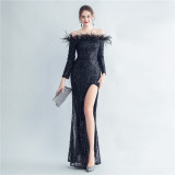 Feather Sequins Off Shoulder Long Sleeve Mermaid Evening Dress