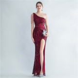 Sequin Slash Shoulder Beaded Mermaid Evening Gown
