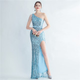 Sequin Slash Shoulder Beaded Mermaid Evening Gown