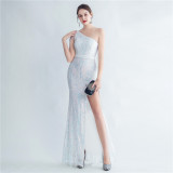Sequin Slash Shoulder Beaded Mermaid Evening Gown