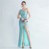 Sequin Slash Shoulder Beaded Mermaid Evening Gown