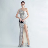 Sequin Slash Shoulder Beaded Mermaid Evening Gown