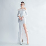 Feather Sequins Off Shoulder Long Sleeve Mermaid Evening Dress