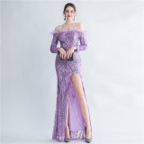 Feather Sequins Off Shoulder Long Sleeve Mermaid Evening Dress