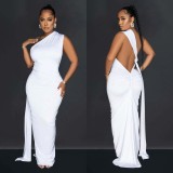 Women's Fashion Solid Color Low Back Pleated Irregular Maxi Dress For Women