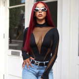 Summer Women Sexy Casual Mesh Patchwork High Waist Long Sleeve Bodysuit
