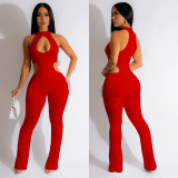 Women Solid Sexy Halter Neck Cutout Jumpsuit