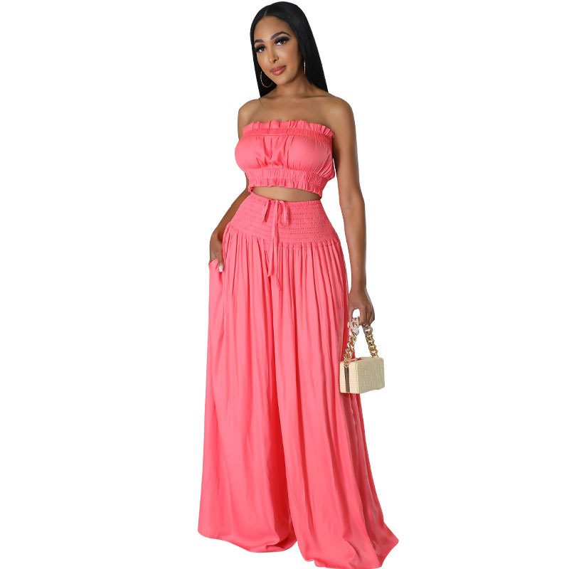 Women Casual Summer Sleeveless Crop Top and Wide Leg Pants Two-Piece Set