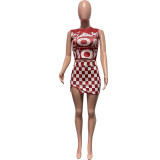 Women clothes Fashion Print Sleeveless Vest Checker Mini Slit Skirt Two Piece Set