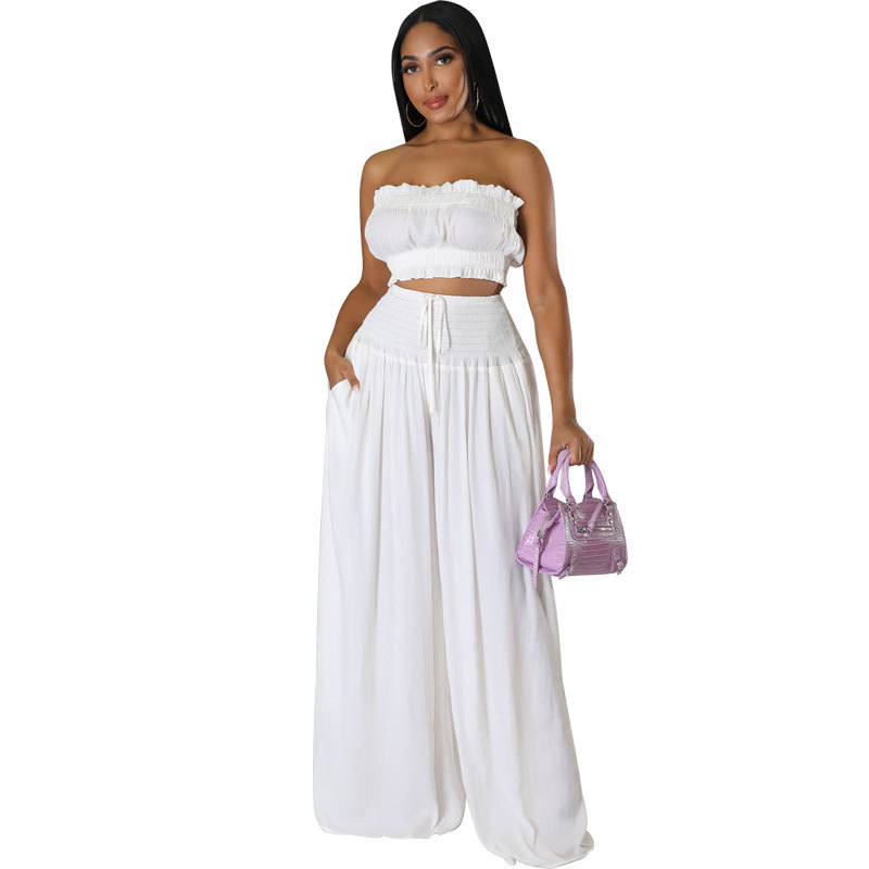 Women Casual Summer Sleeveless Crop Top and Wide Leg Pants Two-Piece Set