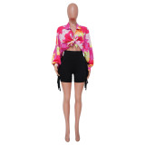 Women's Bat Sleeves Top Turndown Collar Print Shirt