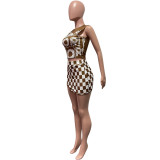 Women clothes Fashion Print Sleeveless Vest Checker Mini Slit Skirt Two Piece Set