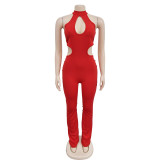 Women Solid Sexy Halter Neck Cutout Jumpsuit