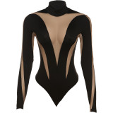 Summer Women Sexy Casual Mesh Patchwork High Waist Long Sleeve Bodysuit