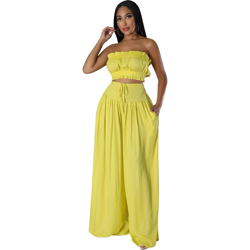Women Casual Summer Sleeveless Crop Top and Wide Leg Pants Two-Piece Set