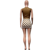 Women clothes Fashion Print Sleeveless Vest Checker Mini Slit Skirt Two Piece Set