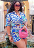 Women's Fashion Print Casual Long Sleeve Cardigan Shorts Pocket Two-Piece Set