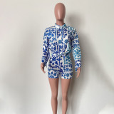Women's Fashion Print Casual Long Sleeve Cardigan Shorts Pocket Two-Piece Set