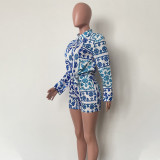 Women's Fashion Print Casual Long Sleeve Cardigan Shorts Pocket Two-Piece Set