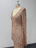 Women's V Neck Slit Long Sleeves Fully Lined Formal Party Mermaid Glitter Evening Dress